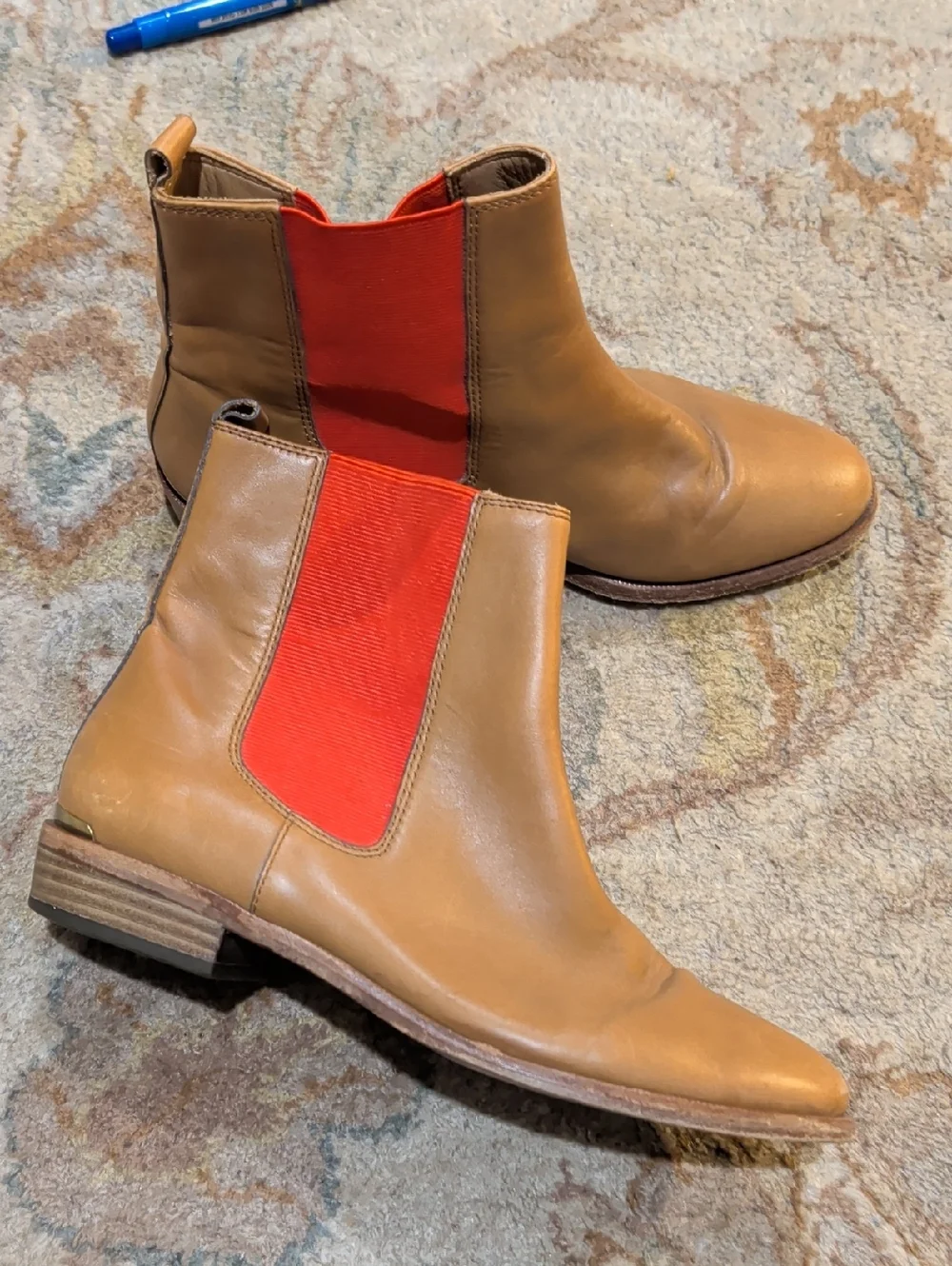 Coach Lucia Colorblock Tan Leather Chelsea Boots with Red Elastic Panels - Picture 4 of 8
